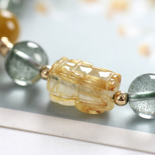 Green Phantom & Golden Rutilated Quartz Pixiu Gold-Plated Crystal Bracelet - Buddha Blessing You