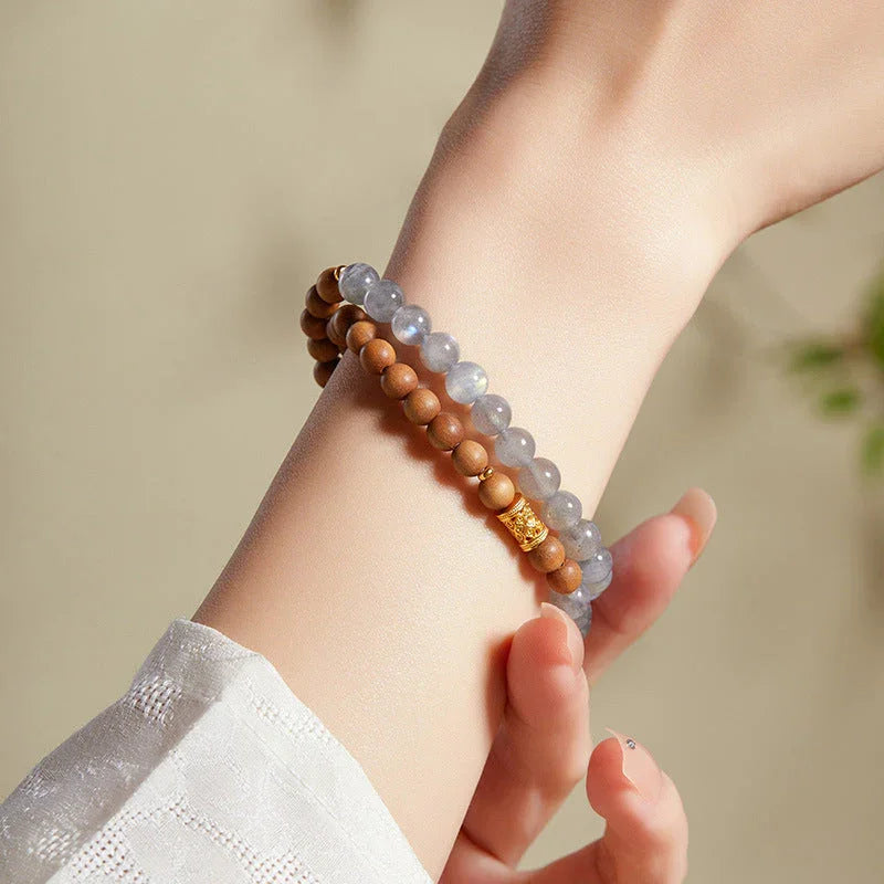 Sterling Silver Sandalwood Grey Moonstone Double Circle Beaded Bracelet - Buddha Blessing You