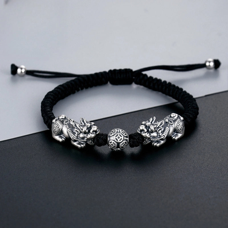 Original s999 Sterling Silver Lucky Nafu Pi Xiu Hand Rope Men's Chinese Retro Style All-match DIY Handmade Woven Jewelry