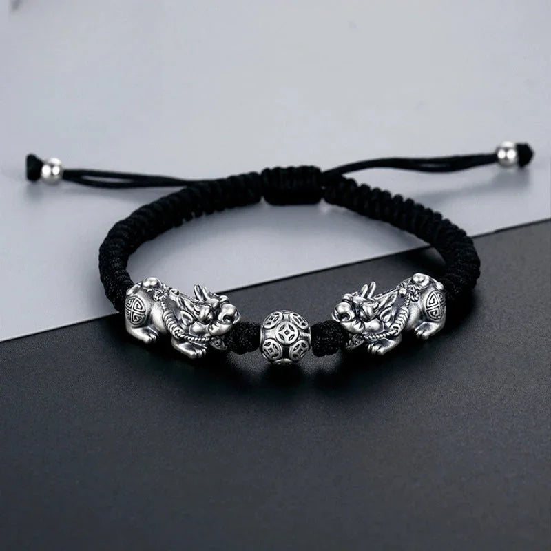 Sterling Silver Lucky Mythical Creature Rope Handmade Woven Buddhist Bracelet - Buddha Blessing You