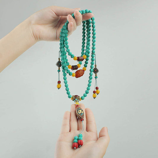 Tibetan Buddhist Turquoise Beaded Necklace With Peaceful Artistic Design - Buddha Blessing You