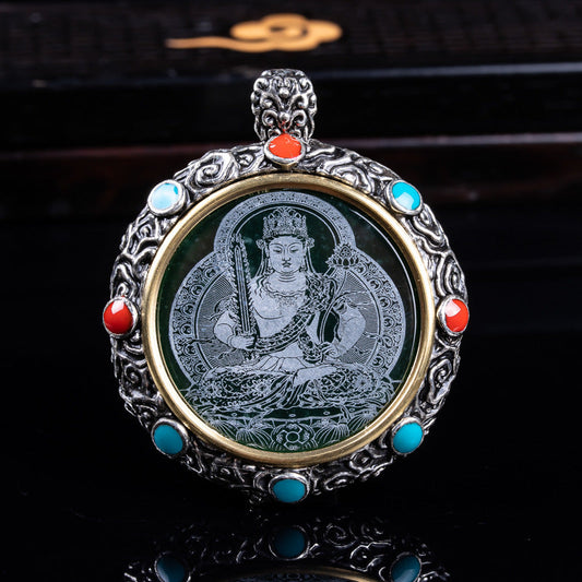 Natural Jade Tibetan Eight Auspicious Symbols Wheel Pendant With Seiko Inlay Necklace - Buddha Blessing You