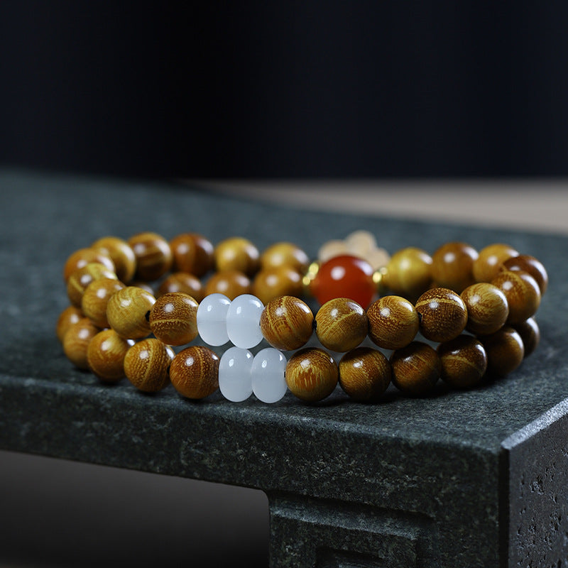 Golden Sandalwood Double Circle Bracelet Female Jade Lotus Pendant Wooden Buddha Beads Bracelet