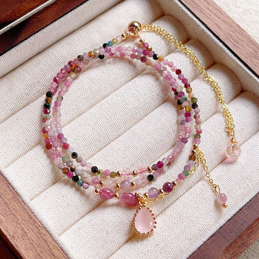 Pink Crystal Rainbow Tourmaline Heart Pendant Necklace And Three Circle Beaded Bracelet - Buddha Blessing You