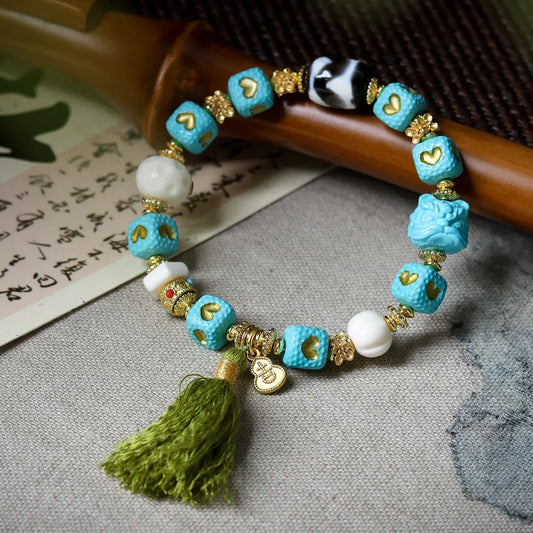 Imitation Turquoise Net Flower Vintage Barrel Bead Tiger Tooth Yak Bone Bracelet - Buddha Blessing You
