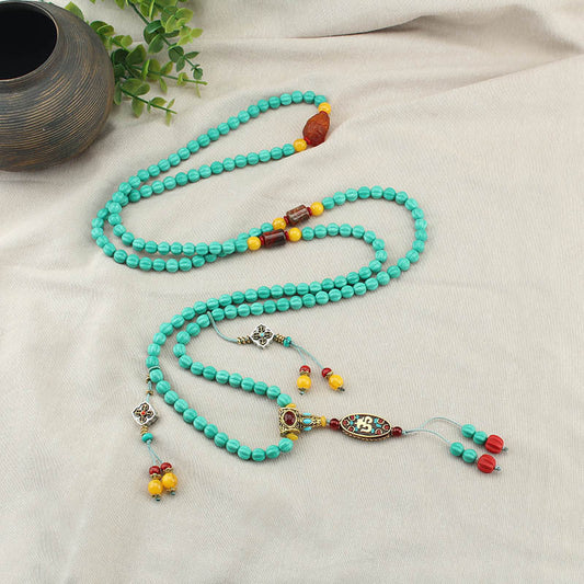 Tibetan Buddhist Turquoise Beaded Necklace With Peaceful Artistic Design - Buddha Blessing You