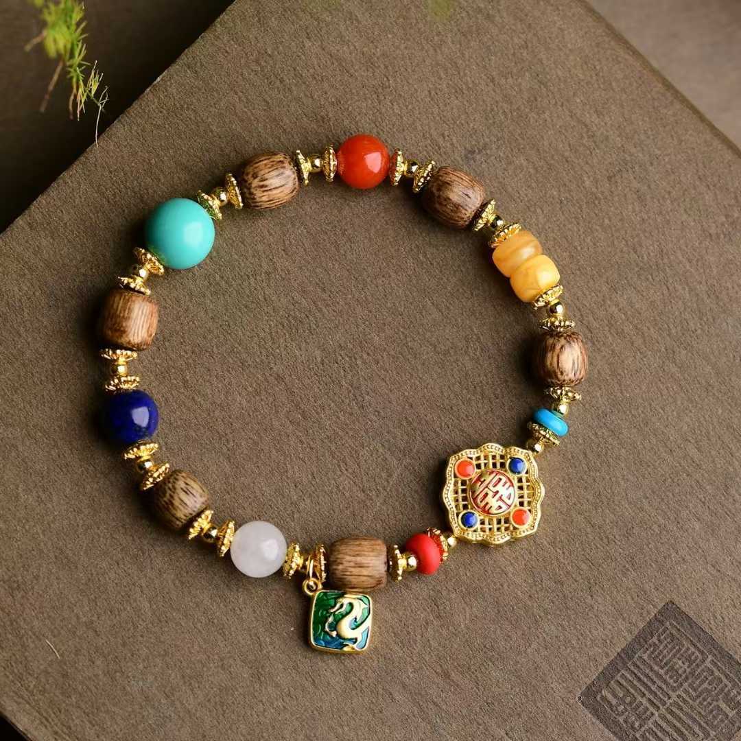 Bracelet 8mm Agarwood With Square Blessing Brand Retro Versatile Bracelet