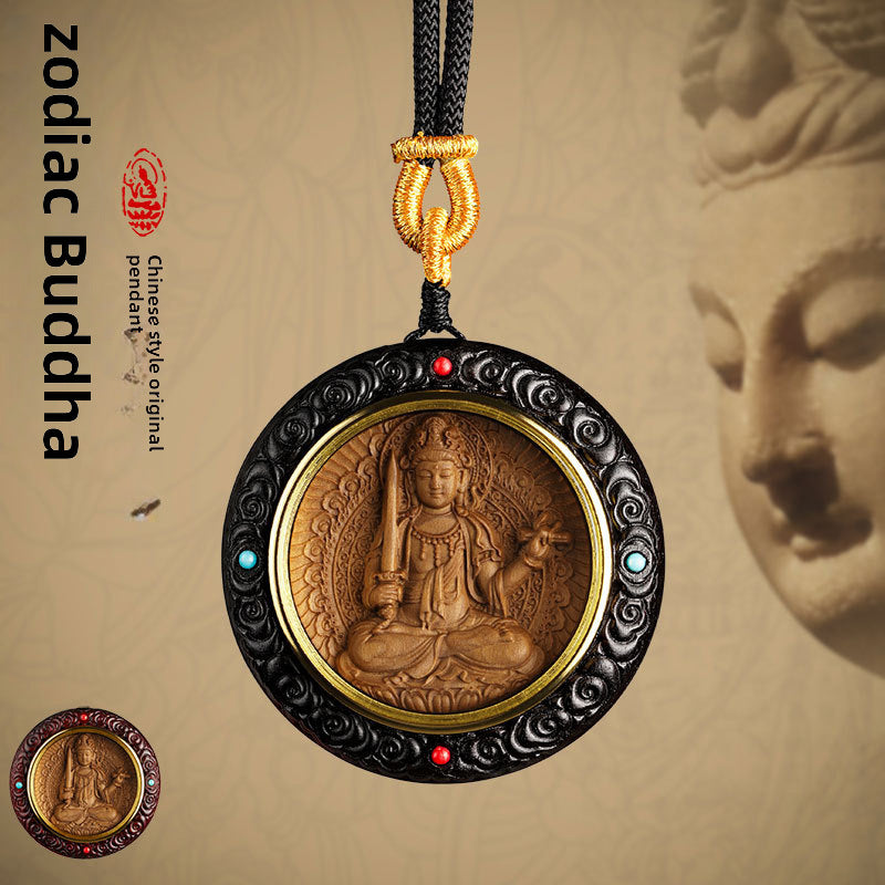 Benmingfo Round Pendant Zodiac Guardian Necklace Male and Female Samurai Bodhisattva Black Leaflet Red Sandalwood