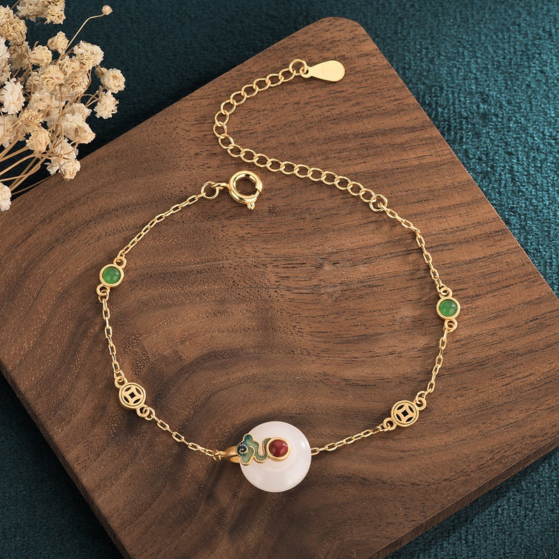 New Gold-plated Imitation Hetian Jade Safety Buckle Bracelet Grilled Blue Craft Inlaid Copper Gold-plated Palace Retro Style Bracelet