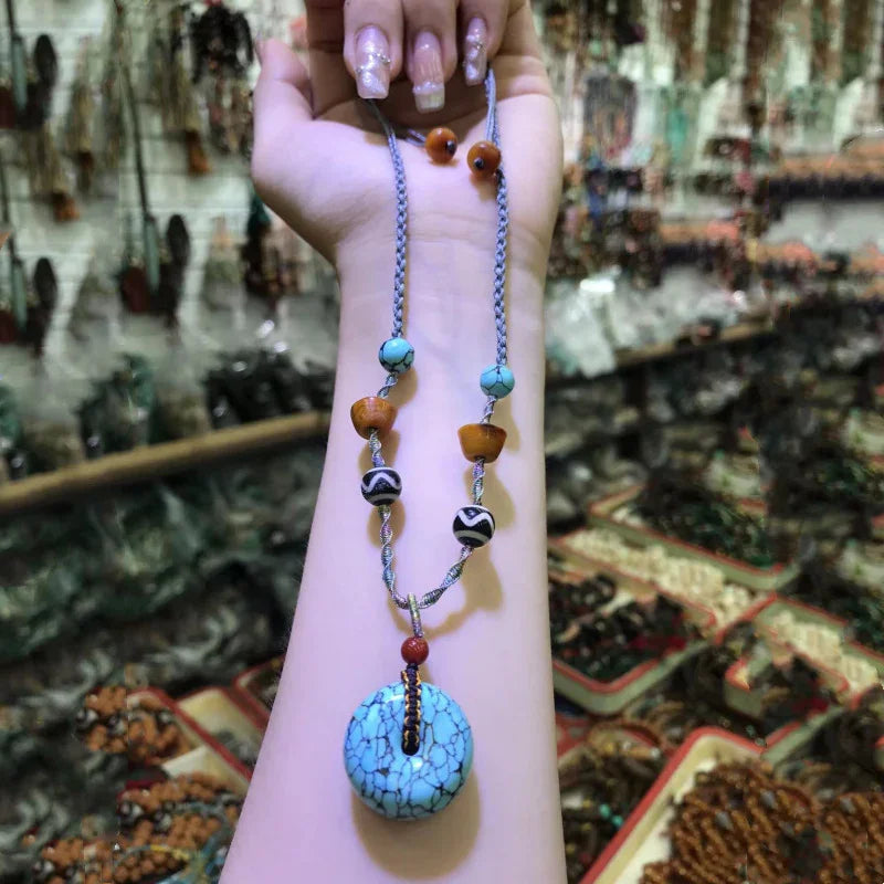 Imitation Turquoise Net Flower Vintage Barrel Bead Tiger Tooth Yak Bone Bracelet - Buddha Blessing You