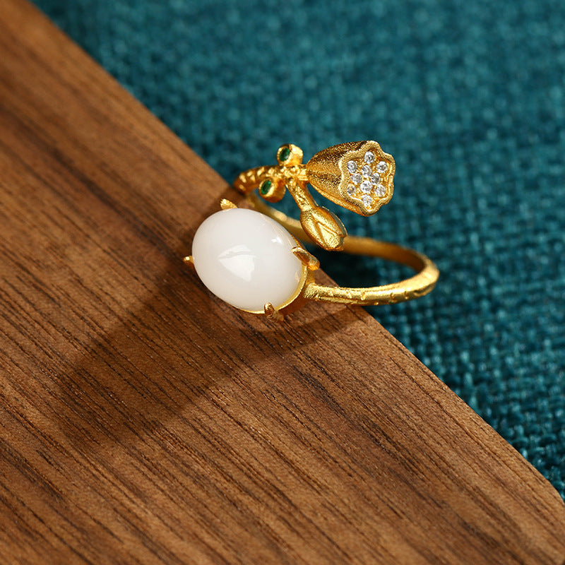 Gold Plated Imitation Hetian Jade Lotus Ring