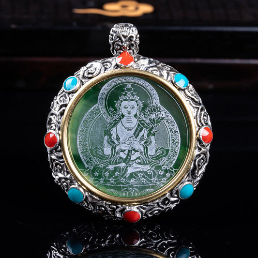 Natural Jade Tibetan Eight Auspicious Symbols Wheel Pendant With Seiko Inlay Necklace - Buddha Blessing You