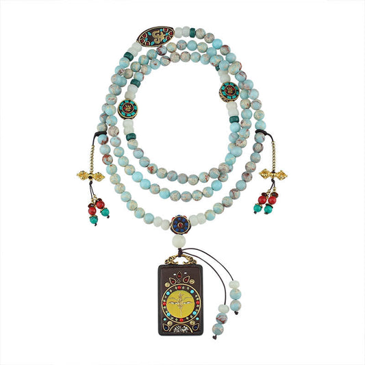 Tibetan Thangka Pendant Long Round Beads Ethnic Style Crossbody Chain Necklace - Buddha Blessing You