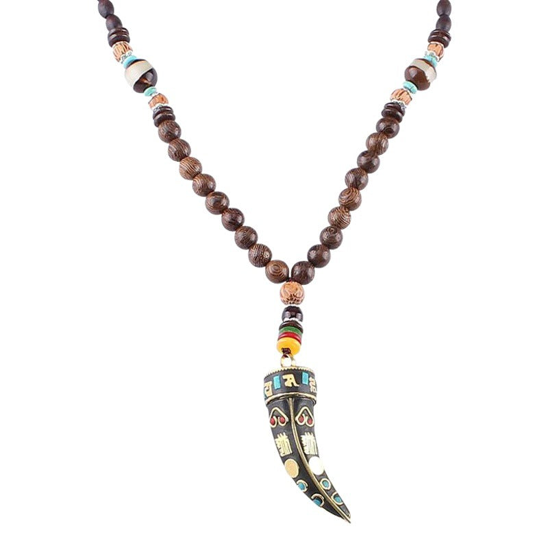 Ethnic Style Buddha Beads Nepal Horn Type Wooden Necklace Simple Personality Long Men's and Women's Woolen Chain Linen Accessories