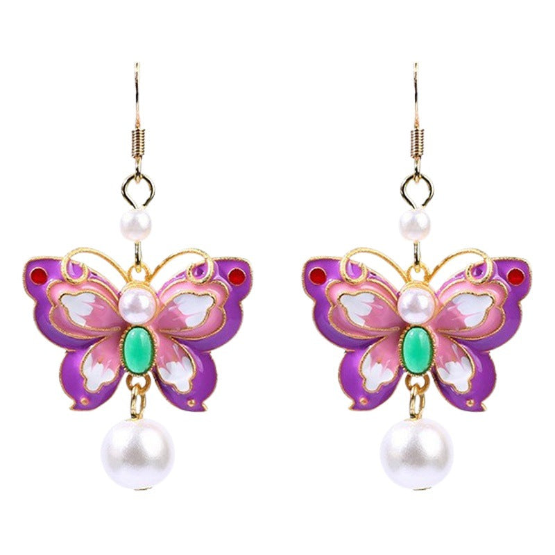 enamel gradient butterfly earrings silver needle light luxury niche design ancient style pearl earrings
