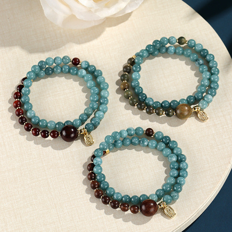 Blue Chalcedony Gold Silk Sandalwood Beads for Men and Women Double Circle Bracelet Ethnic Style