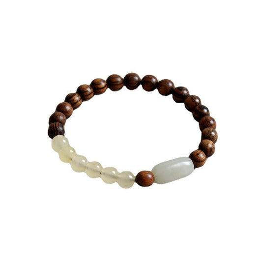 Tiger Stripe Sandalwood Beads With Hetian Jade And Yellow Chalcedony Vintage Bracelet - Buddha Blessing You