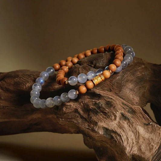 Sterling Silver Sandalwood Grey Moonstone Double Circle Beaded Bracelet - Buddha Blessing You