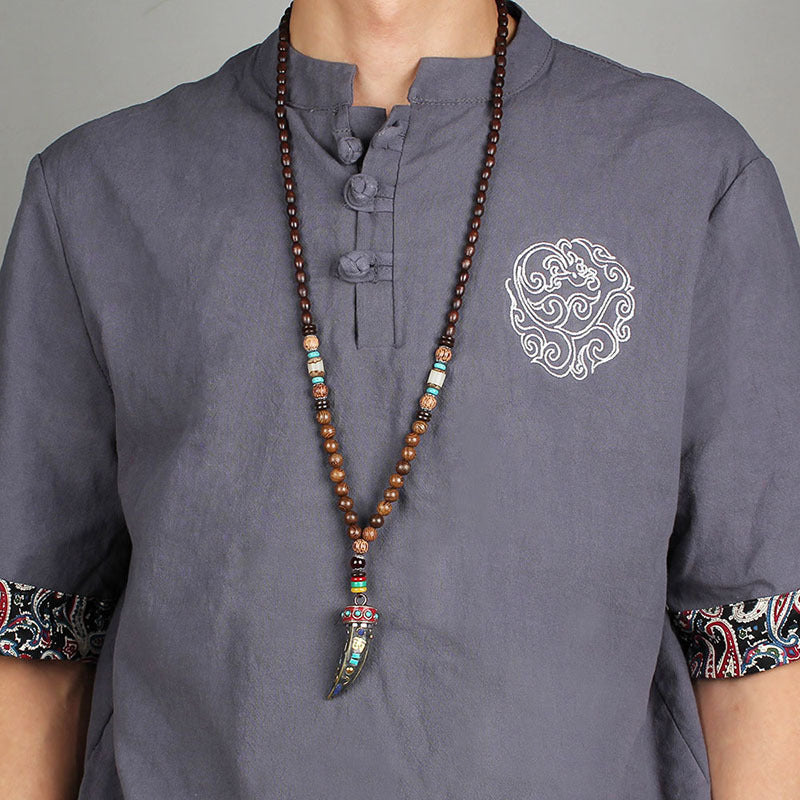Ethnic Style Buddha Beads Nepal Horn Type Wooden Necklace Simple Personality Long Men's and Women's Woolen Chain Linen Accessories