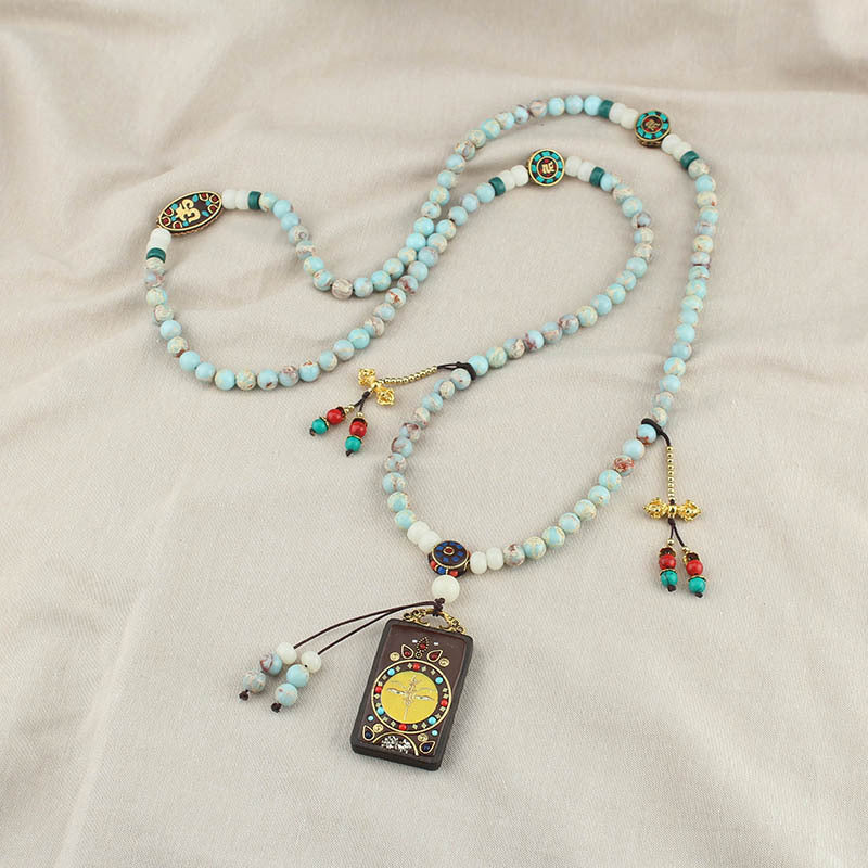 Tibetan Thangka Pendant Necklace Women'S Long Round Beads National Style Crossbody Chain Versatile Retro Ethnic Style Accessories