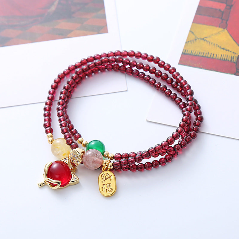 Garnet Bracelet Natural Crystal Fox Pendant Beaded Bracelet Retro Multi-Layer Fashion All-Match Jewelry