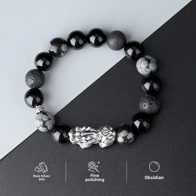 Sterling Silver Bracelet Natural Obsidian Volcanic Stone Foot Silver Bracelet Men's Retro Fashion High-end Jewelry