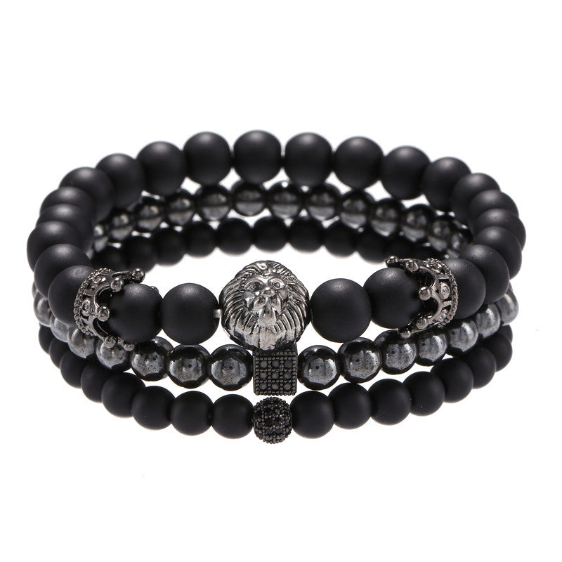 Schmuck Mode Vintage Schwarz Matt Armband Zirkon Krone Diamant Ball Würfel Löwenkopf Perlen Armband Anzug