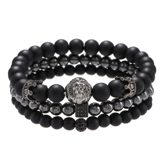 Jewelry Fashion Vintage Black Frosted Bracelet Zircon Crown Diamond Ball Dice Lion Head Beads Bracelet Suit - Buddha Blessing You