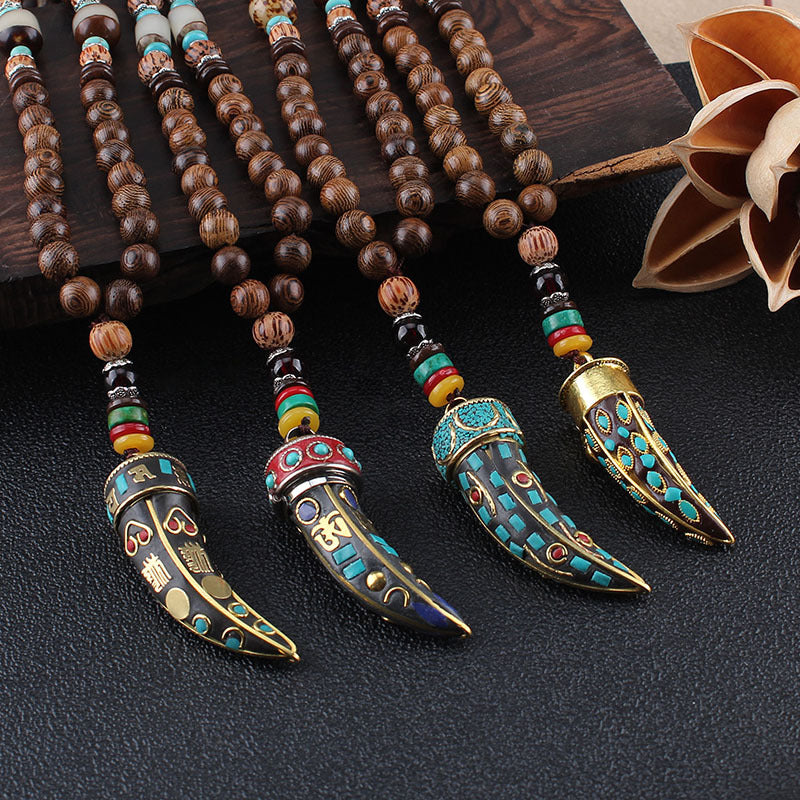 Ethnic Style Buddha Beads Nepal Horn Type Wooden Necklace Simple Personality Long Men's and Women's Woolen Chain Linen Accessories