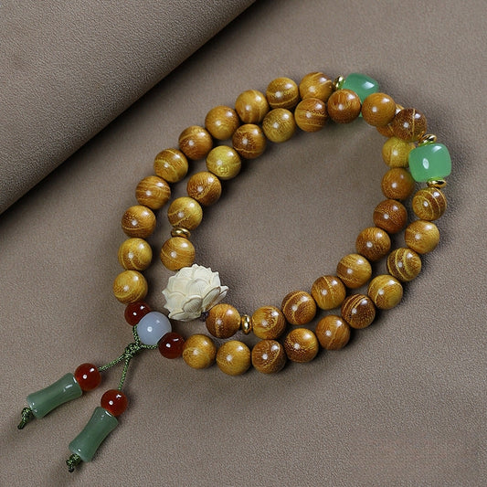 Golden Sandalwood Double Loop Lotus Jade Wooden Prayer Beads Bracelet - Buddha Blessing You