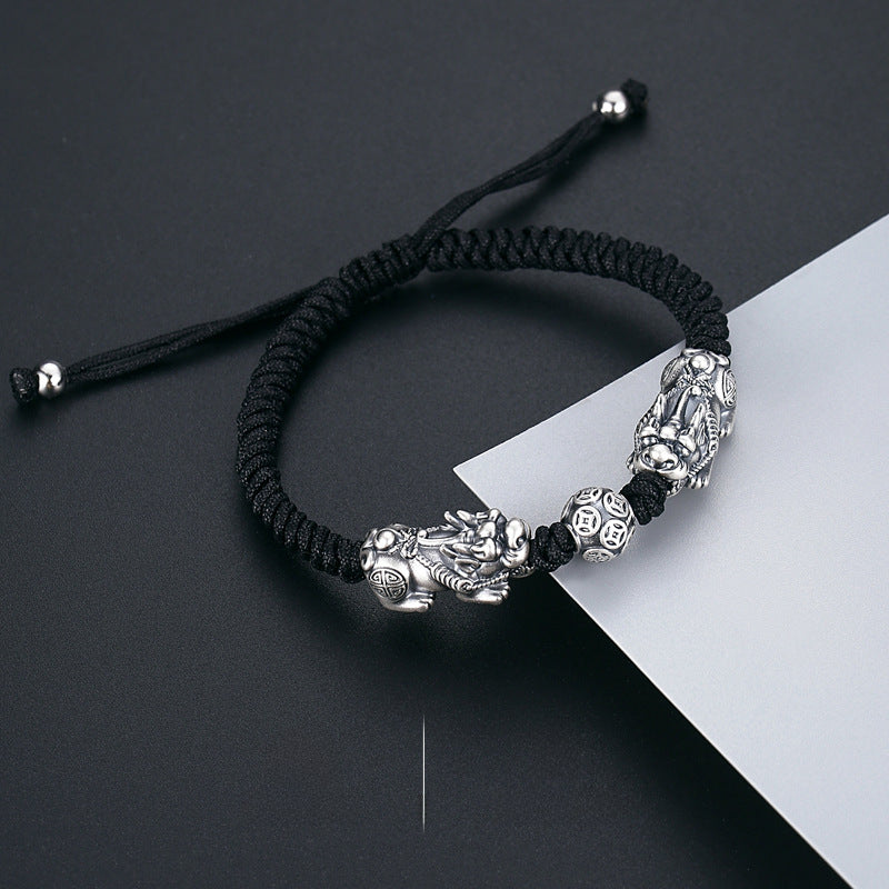 Original s999 Sterling Silver Lucky Nafu Pi Xiu Hand Rope Men's Chinese Retro Style All-match DIY Handmade Woven Jewelry