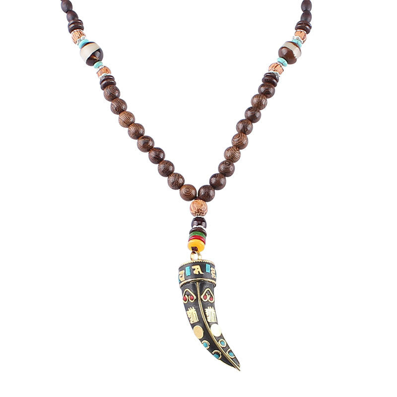 Ethnic Style Buddha Beads Nepal Horn Type Wooden Necklace Simple Personality Long Men's and Women's Woolen Chain Linen Accessories