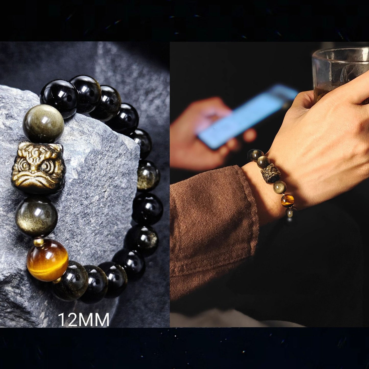 Natürlicher Silber-Obsidian-Gold-Obsidian spiritueller Heilstein Perlenarmband