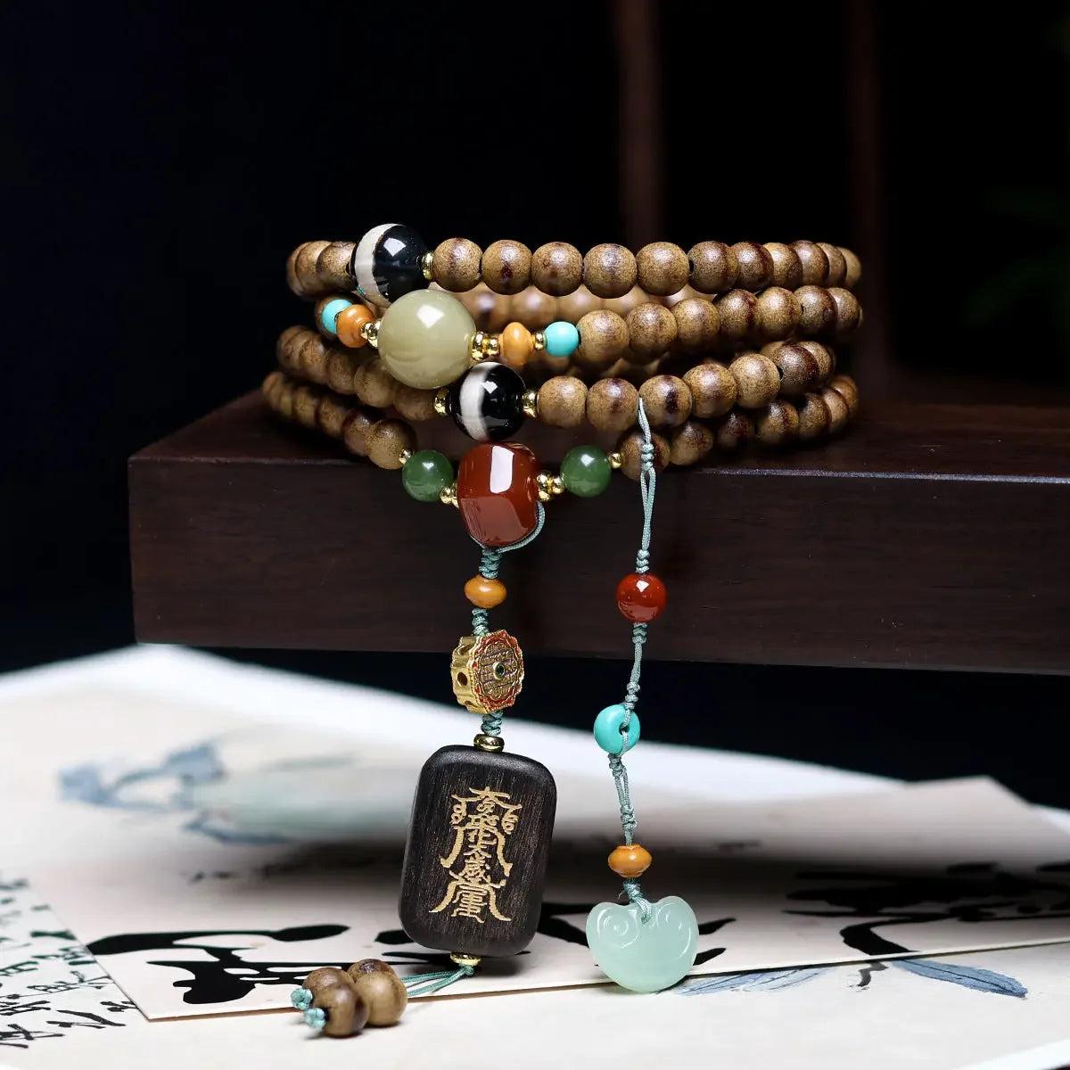 A Line Of Butter And Incense Wood Multi-Circle Necklace Beads - Buddha Blessing You