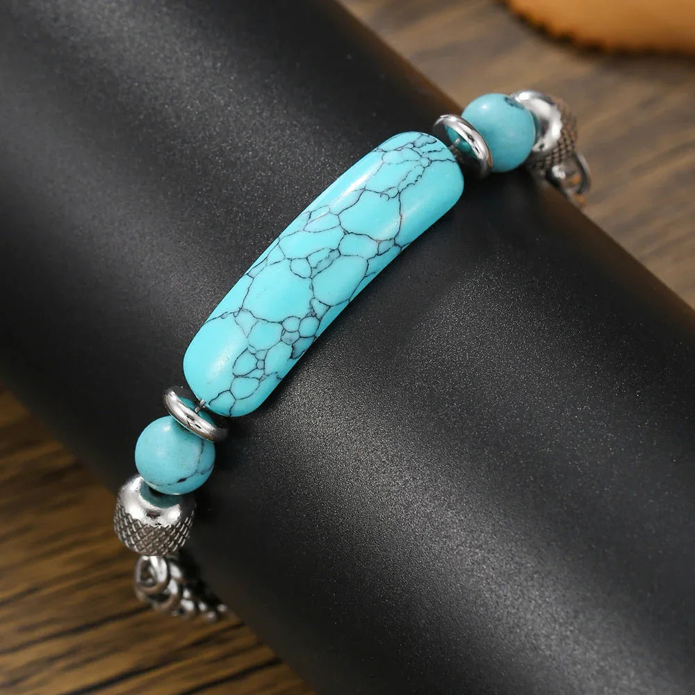 Vintage Turquoise Beaded Stainless Steel Chain Buddhist Prayer Bracelet - Buddha Blessing You