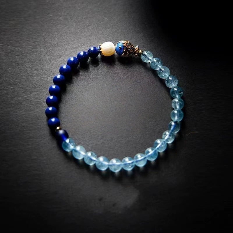 Blue Gold Brazil Sea Blue Glass Bracelet Enamel Cloisonne Simple Fashion Freshwater Pearl Bracelet