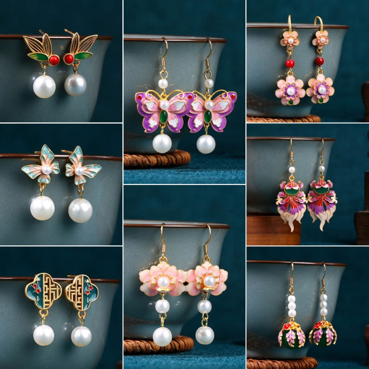 enamel gradient butterfly earrings silver needle light luxury niche design ancient style pearl earrings