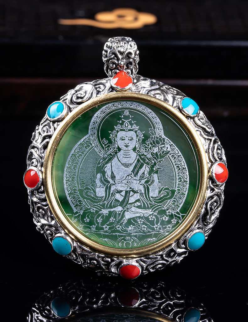Natural A Jade Tibetan Eight Patron saint Transfer Wheel Inlaid Seiko Jade Pendant Pendant Yu Pei