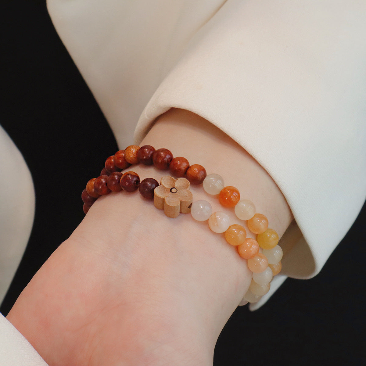 Sour Trees Black Pear Double Circle Bracelet Gold Silk Jade Wooden Transfer Beads Peach Agate Jewelry
