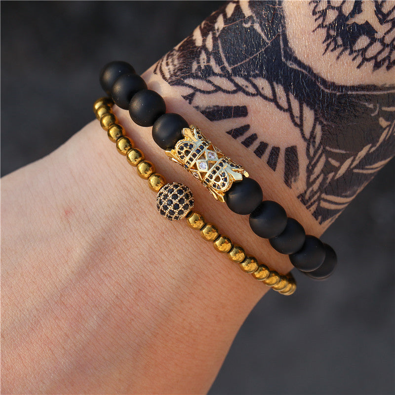 Jewelry Fashion Vintage Black Frosted Bracelet Zircon Crown Diamond Ball Dice Lion Head Beads Bracelet Suit