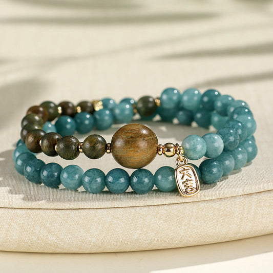 Blue Chalcedony Gold Silk Sandalwood Double Circle Ethnic Beads Bracelet - Buddha Blessing You