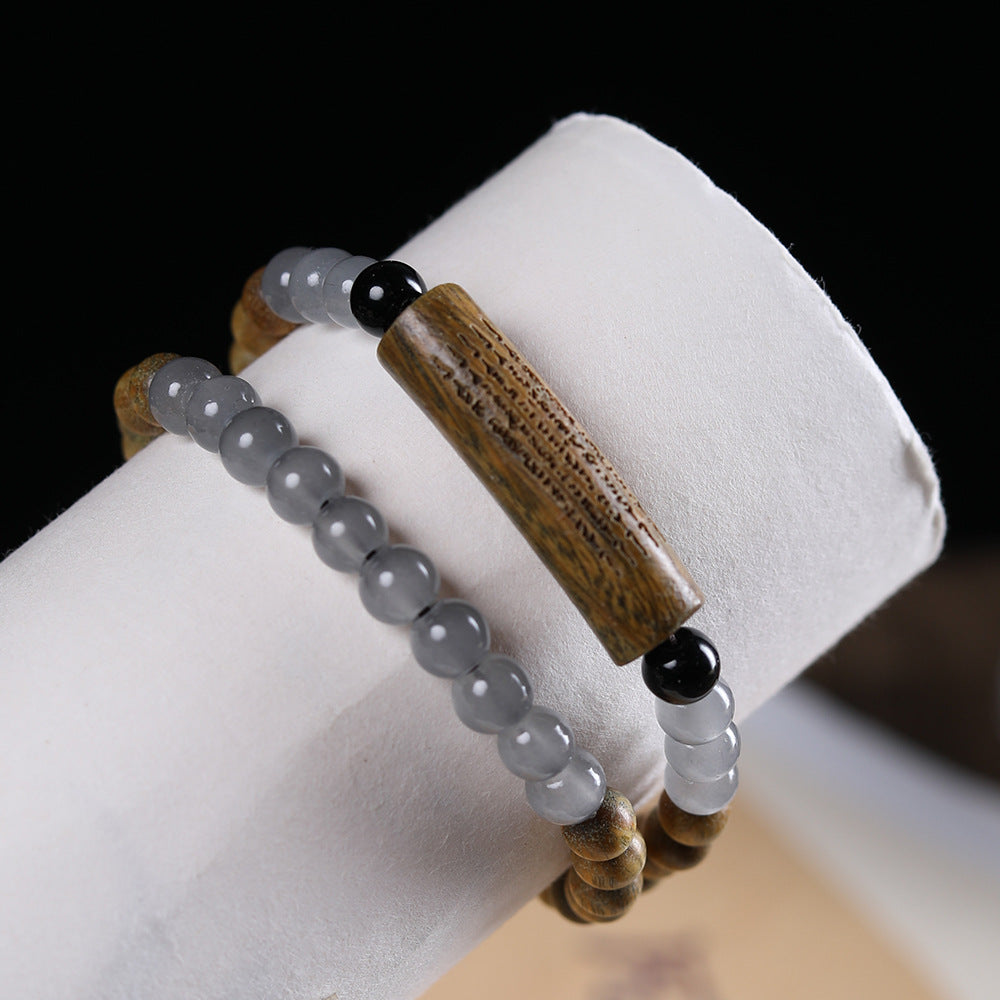 Vintage Natural Green Sandalwood Five Scripture Design Double Circle Bracelet Buddha Bead Bracelet Male and Female