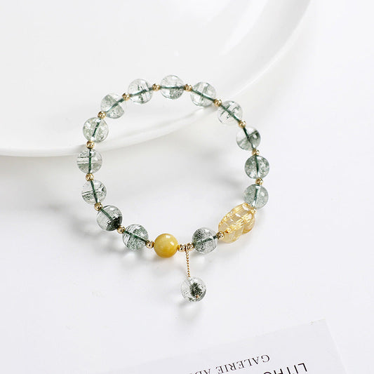Green Phantom & Golden Rutilated Quartz Pixiu Gold-Plated Crystal Bracelet - Buddha Blessing You