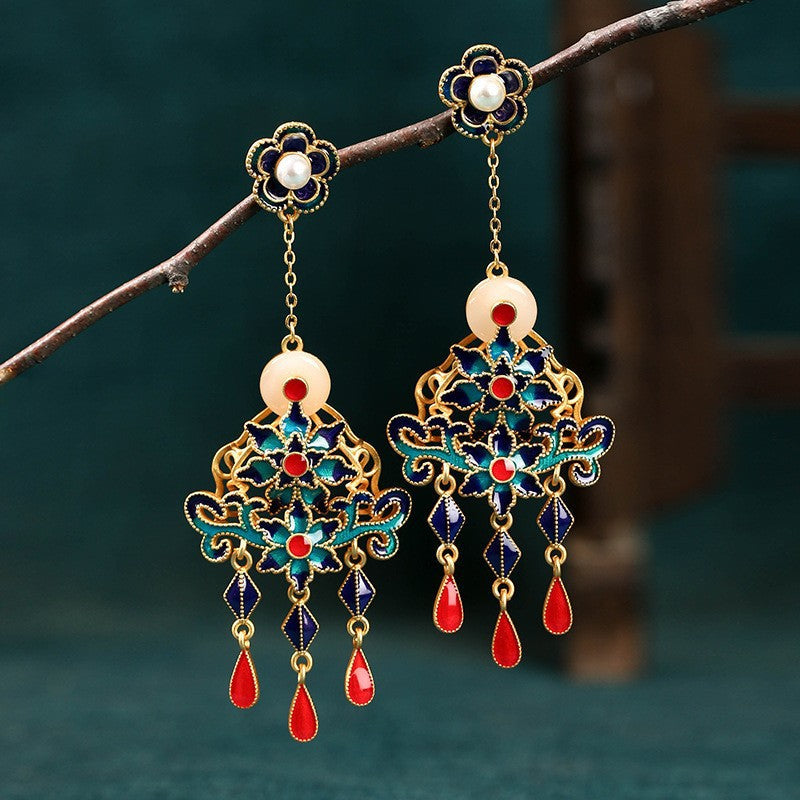 Elyuan National Fashion Accessories Women'S Ancient Style Color-Preserving Gold-Plated Imitation Jade Niche Design Vintage Earrings Gift