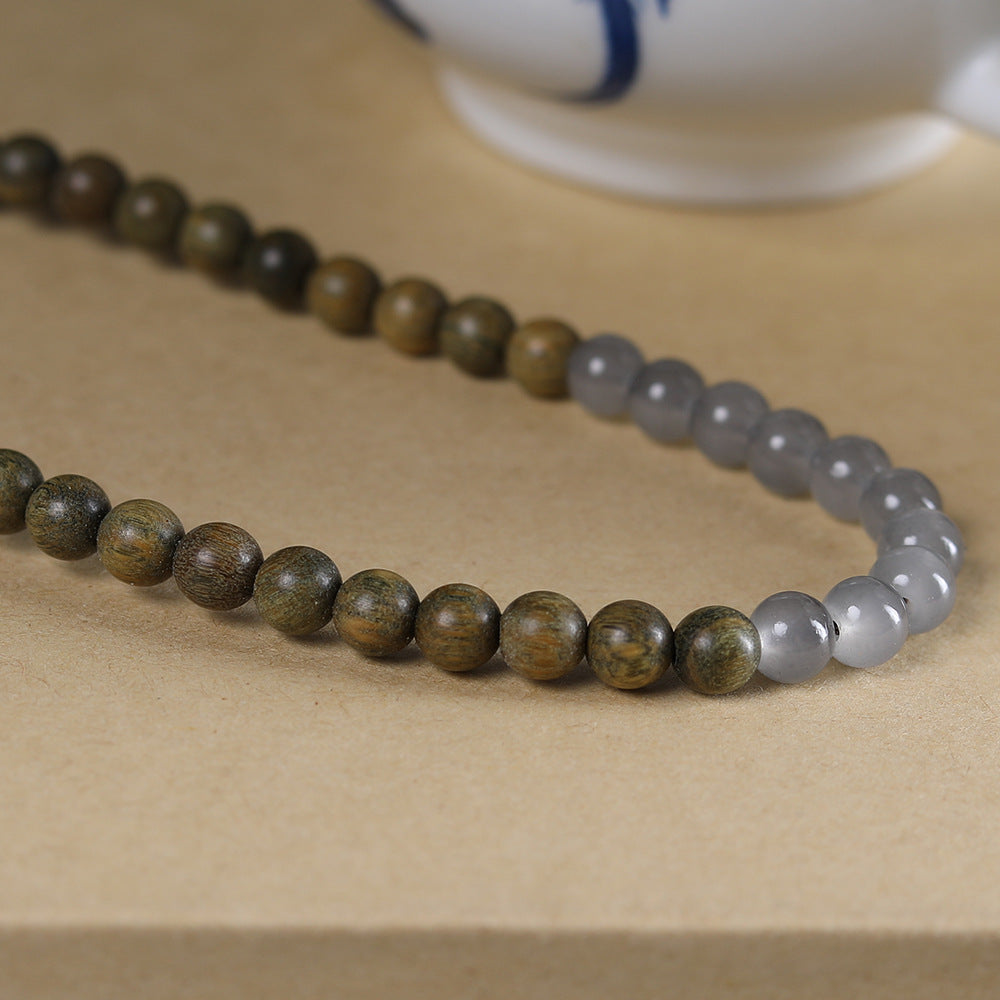 Vintage Natural Green Sandalwood Five Scripture Design Double Circle Bracelet Buddha Bead Bracelet Male and Female