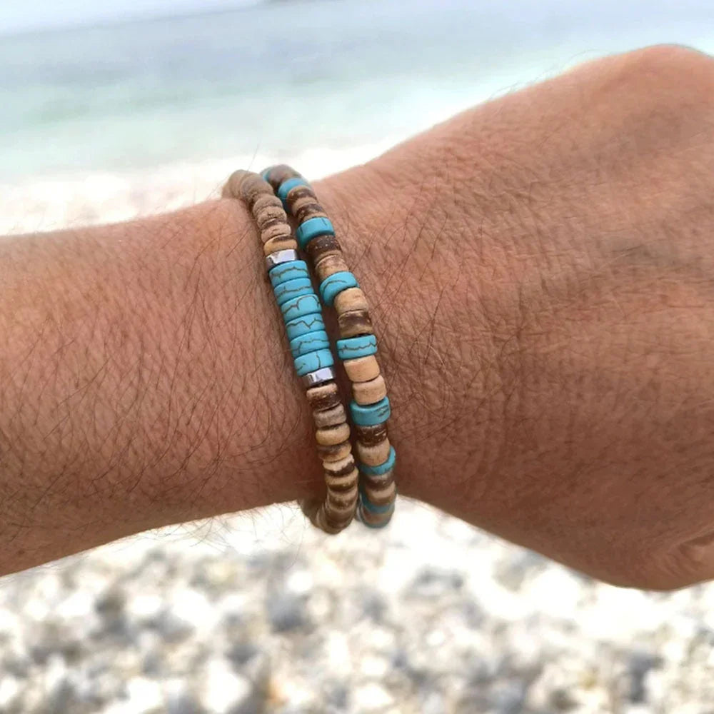 New Coconut Shell Wood Multi-layer Stacked Wear Bracelet Retro Men's Turquoise Beaded Bracelet - Buddha Blessing You