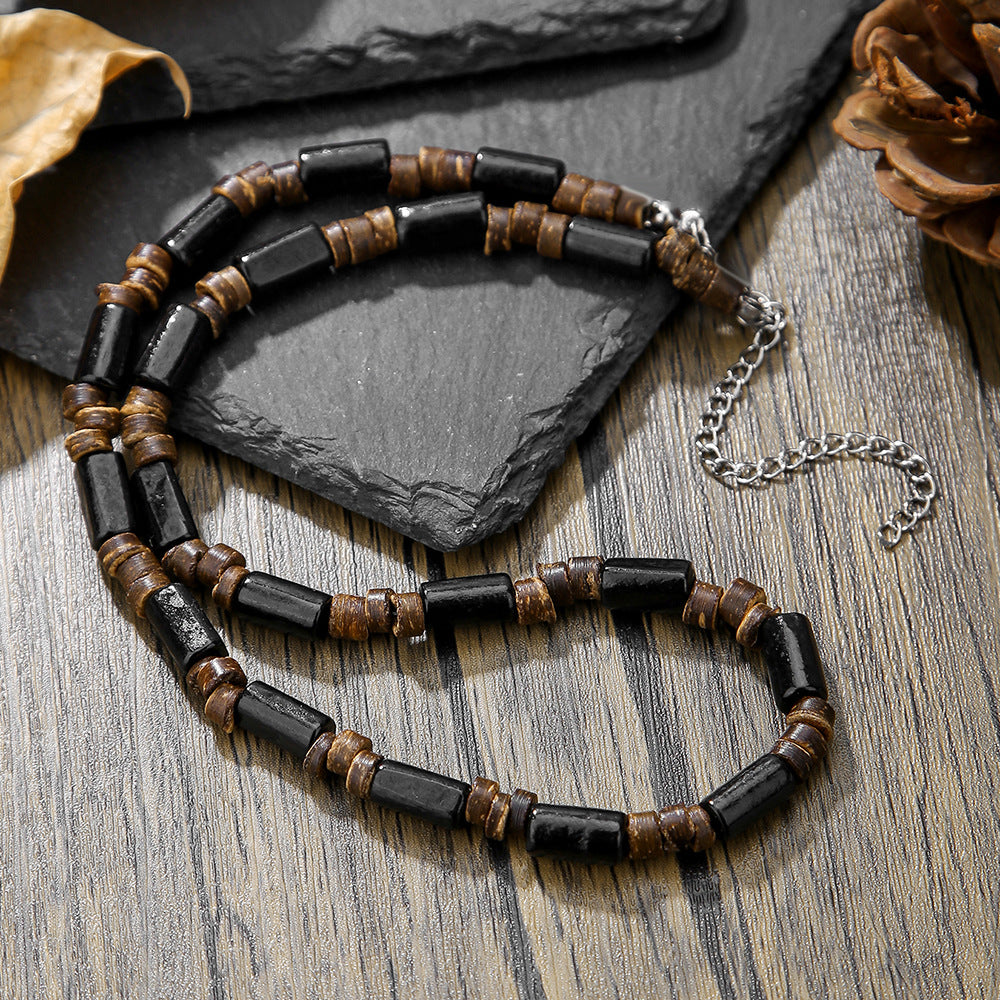 Summer Beach Bohemian Wood Chip Coconut Shell Necklace Men's Surfing Necklace Simple Tribal Stainless Steel Necklace