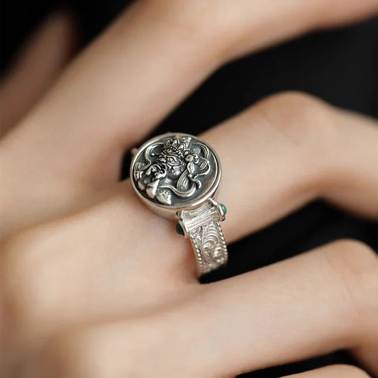 Tibetan Inspired Green Zircon Tang Grass Pattern Elegant Ring - Buddha Blessing You