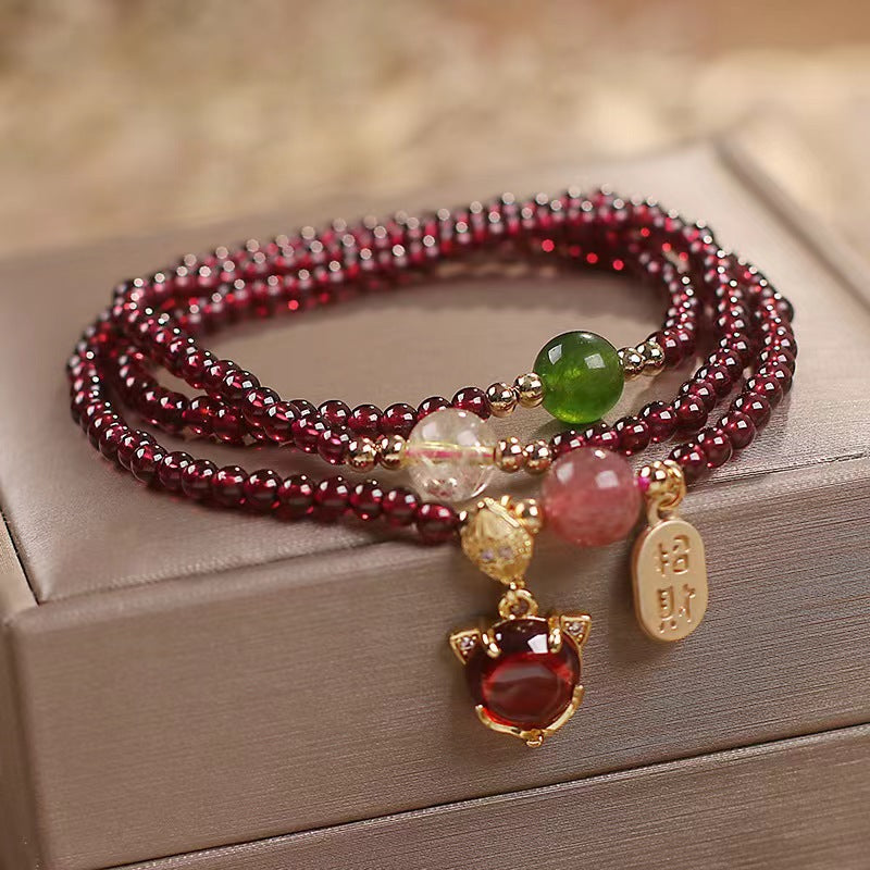 Garnet Bracelet Natural Crystal Fox Pendant Beaded Bracelet Retro Multi-Layer Fashion All-Match Jewelry