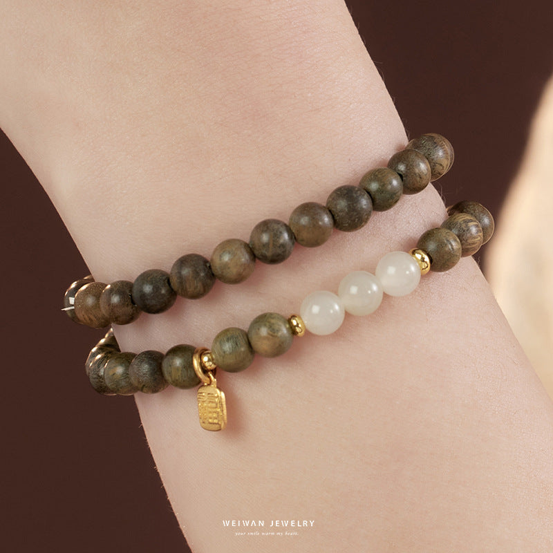 "Tan Wang Qing" Natural Green Sandalwood Bracelet Female and Bracelet Niche Antique Gift Accessories